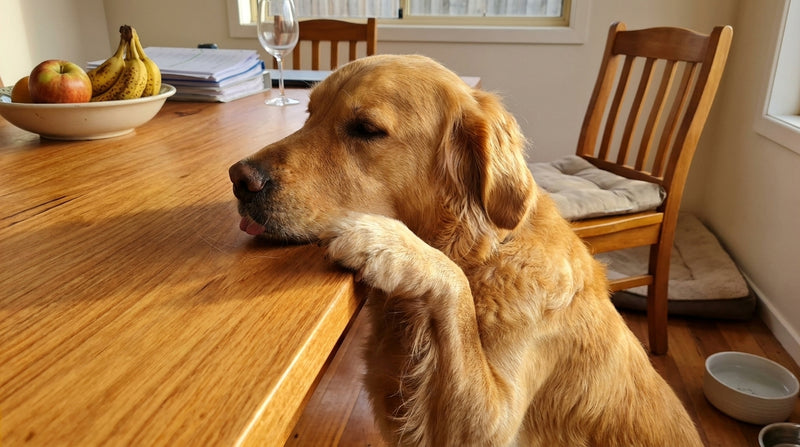 Golden Retriever resting on table